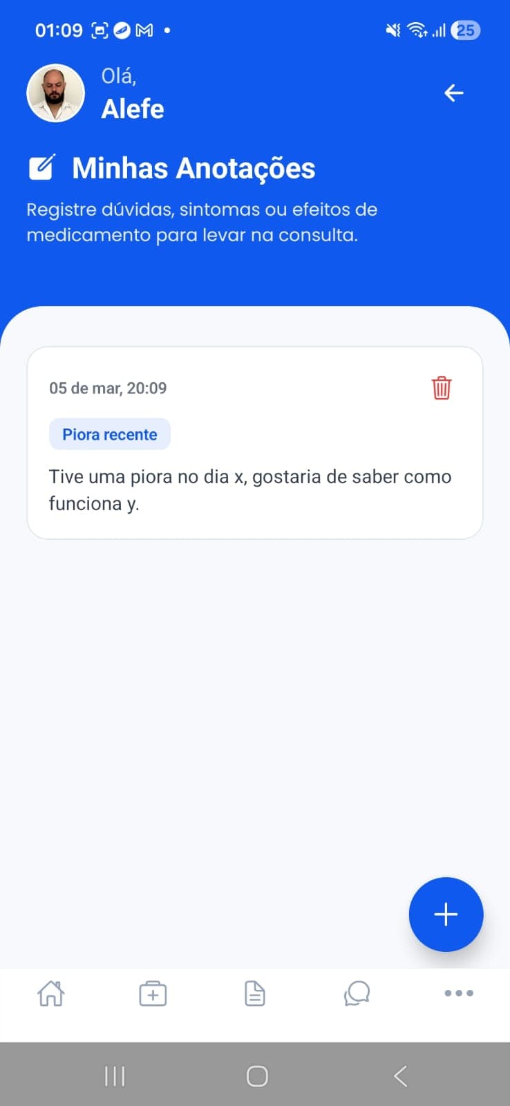 Minhas anotações, captura de tela do app Vida Alívio