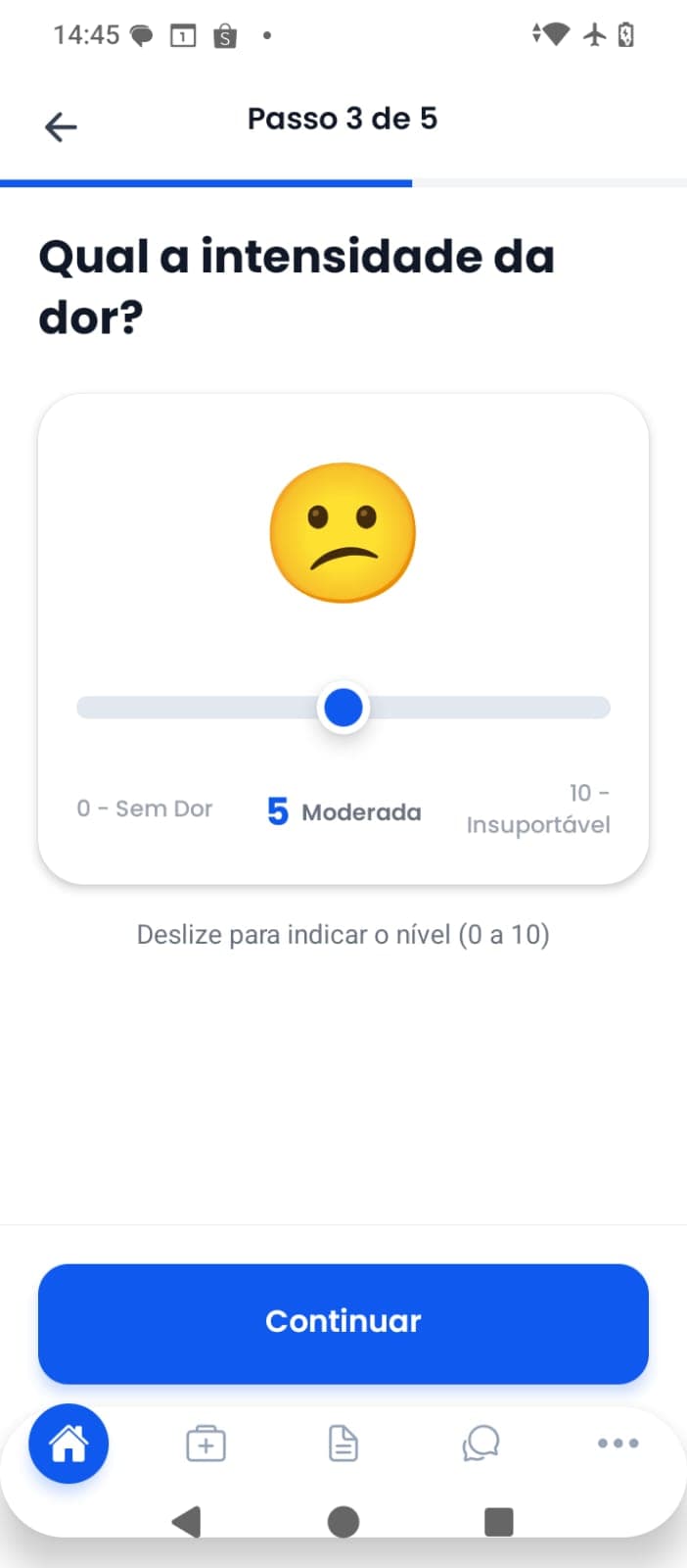 Intensidade da dor, captura de tela do app Vida Alívio